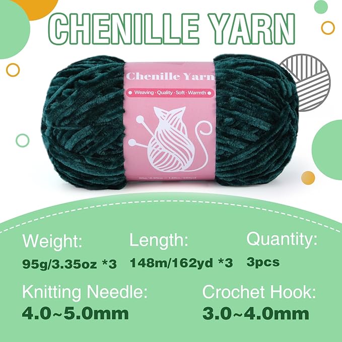 LUNARM Chenille Velvet Yarn for Crocheting & Knitting, Soft Yarn for Making Blankets, Clothes & More - 3*3.35oz, 3*162yds (Dark Green)