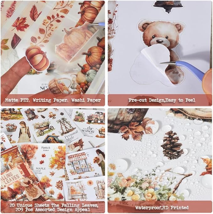 Cozy Autumn Journaling Sticker Book, 20 Sheets Pe-Cut PET, Washi Tape, and Craft Paper Stickers for Junk Journal Supplies, Aesthetic Fall Stickers for Bujo, Collage, Scrapbook Supplies
