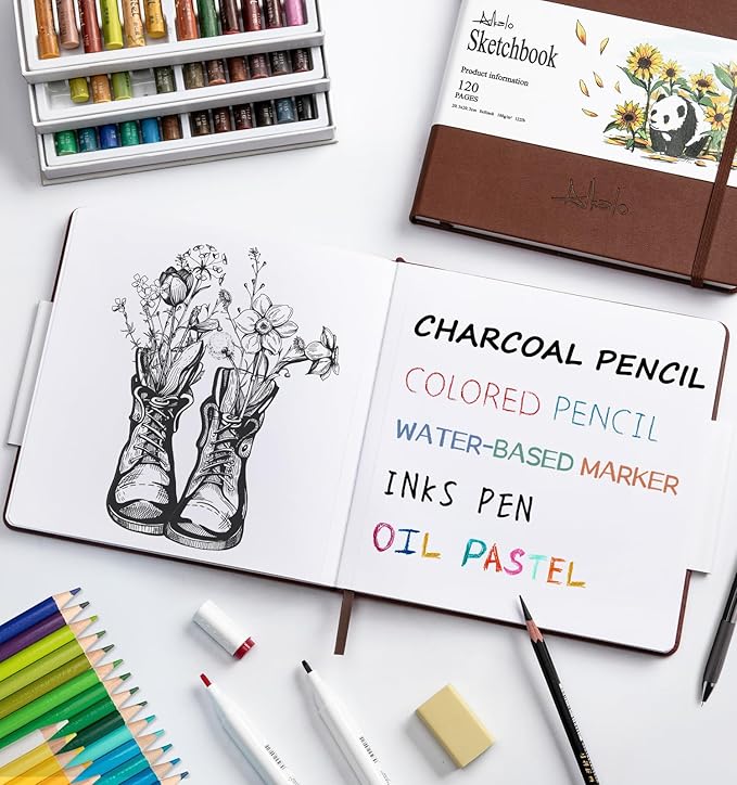 ALKALO Square Sketchbook for Drawing, 120 Pages Sketch Book, 122LB/180GSM Thick Paper, Mixed Media Sketchbook for Charcoal Pencil, Inks Pen, Colored Pencil, Acrylic Marker, Oil Pastel