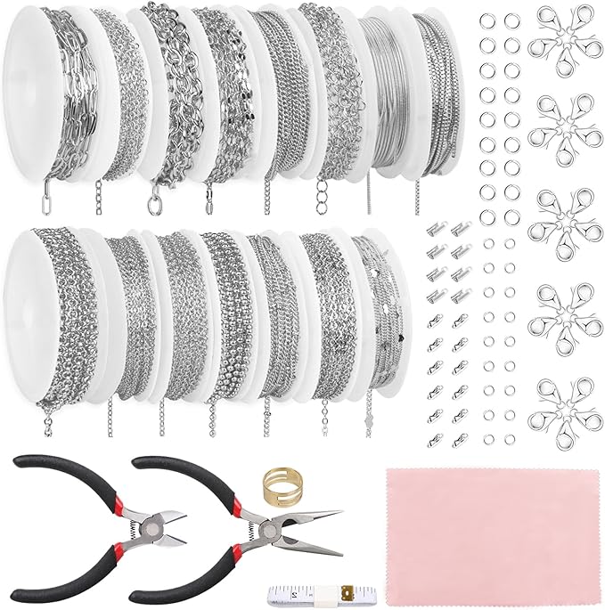 Fesorsi Silver Chain for Jewelry Making, 115ft 15 Style Steel Jewelry Chain, Electroplating Process, for DIY Necklace Chains, Tassel Pendants, with Jump Ring, Lobster Clasp, Pliers