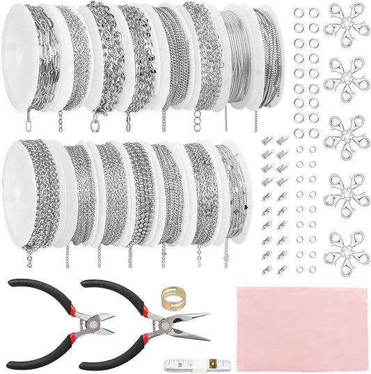 Fesorsi Silver Chain for Jewelry Making, 115ft 15 Style Steel Jewelry Chain, Electroplating Process, for DIY Necklace Chains, Tassel Pendants, with Jump Ring, Lobster Clasp, Pliers