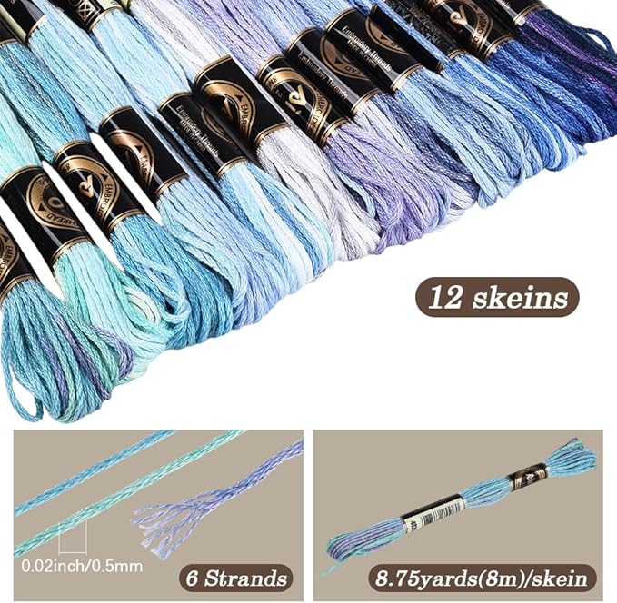 12 Skeins 105 Yards Blue Embroidery Thread Variegated Cross Stitch Floss Bulk 6 Ply Polyester Yarn Colorful Friendship Bracelet String for Sewing Making Needlecraft Knitting Stitching DIY