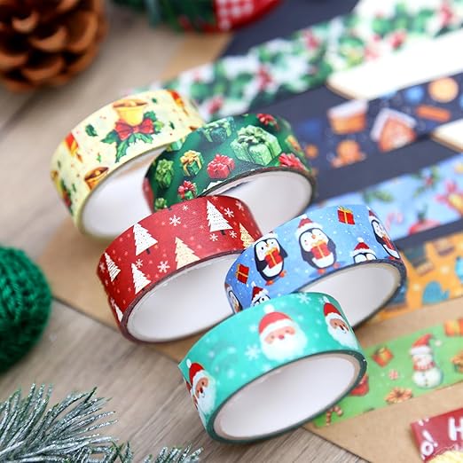 Christmas & Winter Washi Tape Set - 16 Rolls Holiday Decorative Tape for Bullet Journals, Scrapbooking & Gifts (0.6" x 10 ft) - Santa, Tree, Snowman, Penguin, Bear, Red Green Blue