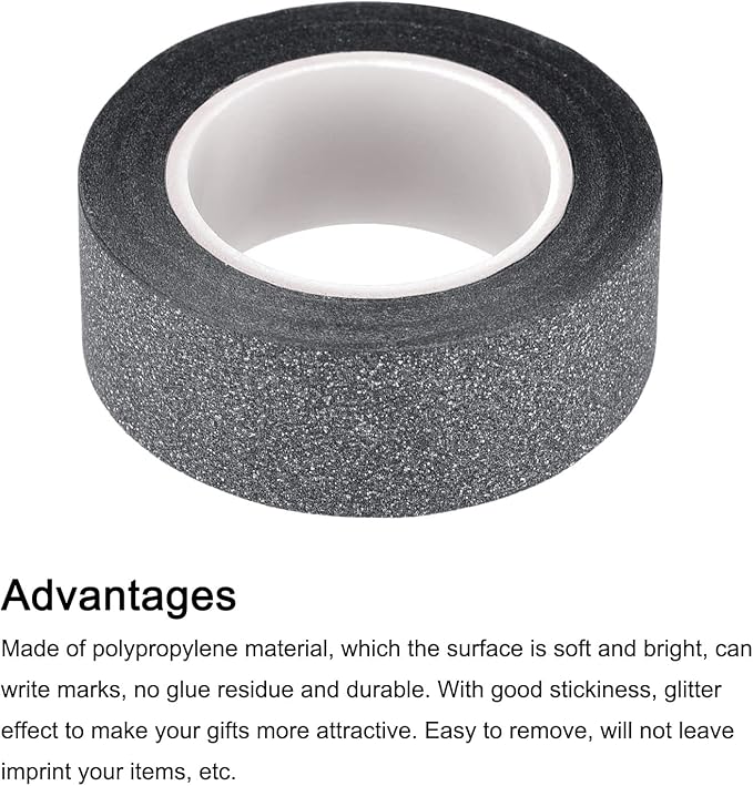 MECCANIXITY 0.6inch x 32.8ft Glitter Tape, Decorative Craft Tape Self Adhesive Stick 1.5cmx10m Black for Scrapbook, DIY Arts, Gift Wrapping Pack of 3