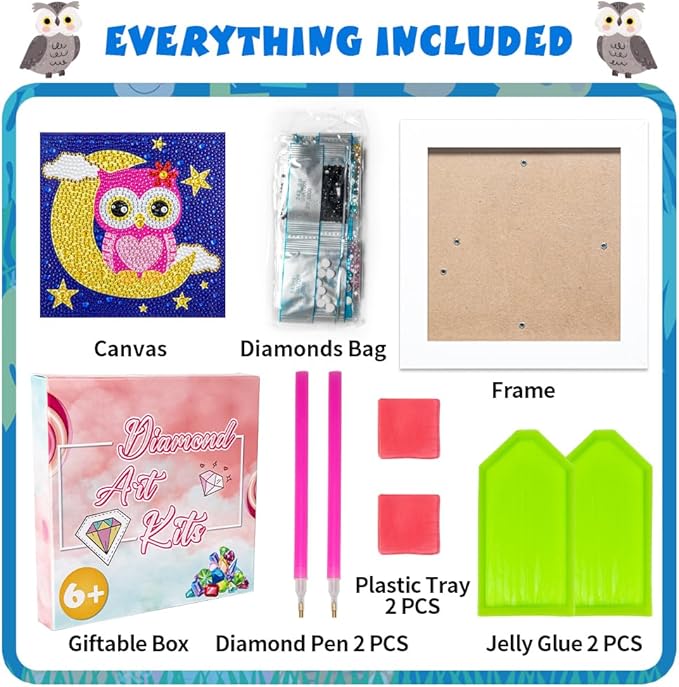 QEUOYSS Diamond Art Kit for Kids with Wooden Frame Art and Crafts for Kids Ages 6-8 -10-12 Easy to DIY Diamond Art for Kid and Adult Beginners Home Wall Decoration (Female owl)