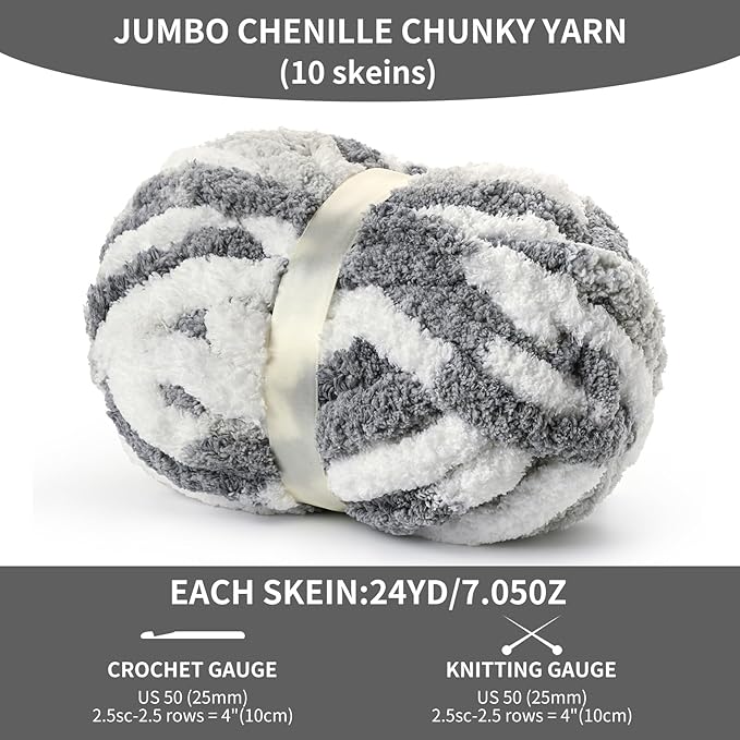10 Pack Jumbo Chunky Yarn for Hand Knitting, Fluffy Variegated Chunky Chenille Yarn for Crocheting, 240yds/70.5oz Super Bulky Soft Crochet Baby Blanket Yarn(White- Grey)