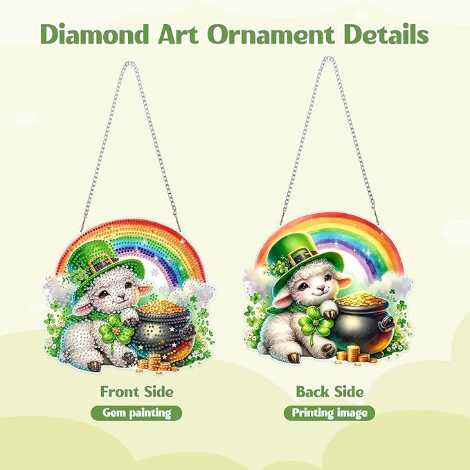 GHHKUD Sheep Diamond Art Hanging Kit for Adults, DIY Double Sided Diamond Painting Hanging St.Patrick's Day, Special Shaped Acrylic Ornaments Pendants for Window Home Garden Wall