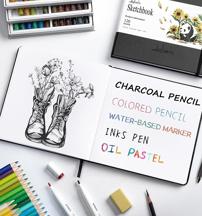 ALKALO Square Sketchbook for Drawing, 120 Pages Sketch Book, 122LB/180GSM Thick Paper, Mixed Media Sketchbook for Charcoal Pencil, Inks Pen, Colored Pencil, Acrylic Marker, Oil Pastel