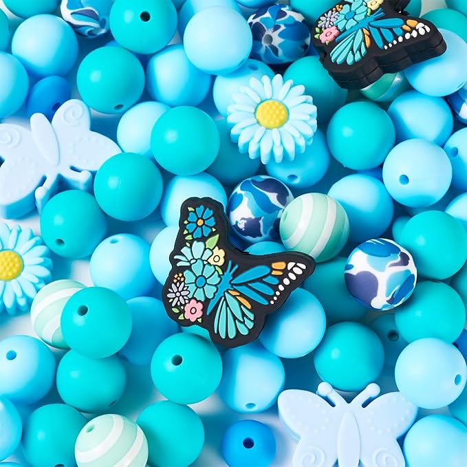 96 Pcs Butterfly Silicone Beads for Keychain Blue Silicone Focal Beads for Bracelet Making Rondelle Flower Daisy Bead for Women Jewelry Making DIY Birthday Supplies