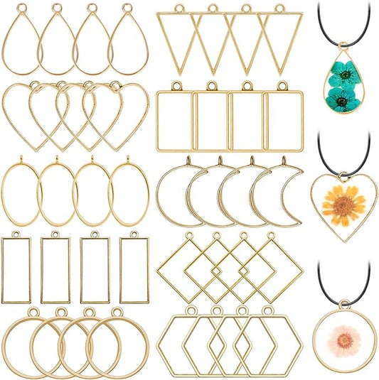 40pcs Open Bezel Pendants 10 Styles Hollow Frame Pendants Open Back Frame Pendant Geometric Hollow Bezel Pendant for Jewelry Making,Resin Casting,Pressed Flower,DIY Crafts(K Gold)