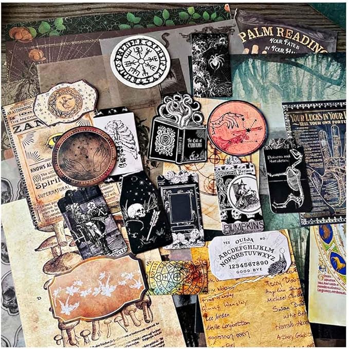 Dark Academia Junk Journal Supplies, Vintage Skull Decoupage Paper for Scrapbook Kit, 45pcs Astrology Ephemera for Junk Journals, Mushroom Plant Materials for Room Decor Wall Collage Kit