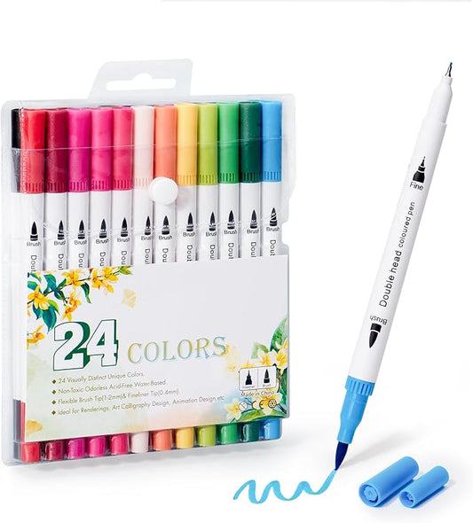 24 Colors Markers for Adult Coloring Books No Bleeding - Dual Tip Water Based Art Coloring Markers Set for Drawing, Painting, Fine Tip and Brush Tip Brush Pens for Artists(White Barrel)