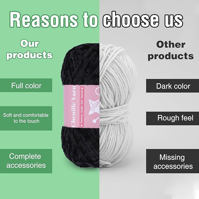 LUNARM Chenille Velvet Yarn for Crocheting Knitting, Soft Yarn for Making Blankets, Clothes, Pattern Knitting - 3 * 3.35oz, 3 * 162yds (Black)