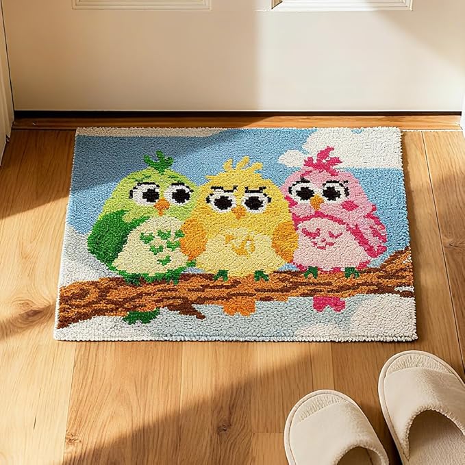 ORIGACH Funny Bird Latch Hook Rug Kit for Adults Printed Rug Making Kit Handmade Carpet Tapestry Cover with Hook Latch and Preprinted Canvas, Home Arts Crafts Sofa Decor, 20.5x15inch