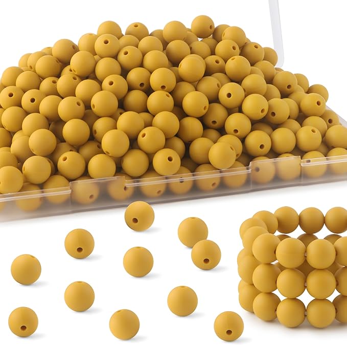 160Pcs 12mm Silicone Beads for Keychain Making Bracelet Necklace, Bulk Round Silicone Beads for Pens(Mustard Yellow)