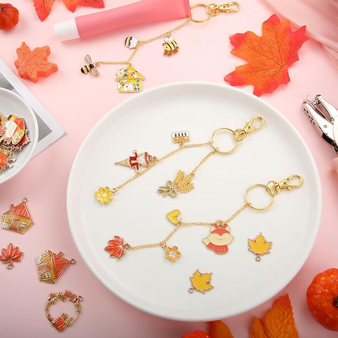 VioraWhite 213 Pcs Fall Theme Lip Gloss Keychain Making Kit 100 Pink Enamel Charms 32.81 ft Gold Chains for DIY Crafts Women