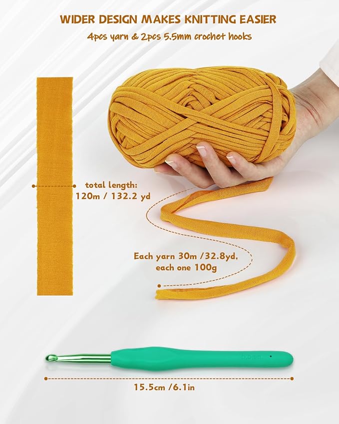 Katech 130 Yards T-Shirt Crochet Fabric for DIY Projects, 400g Spaghetti Yarn, Easy for Beginners (Turmeric)