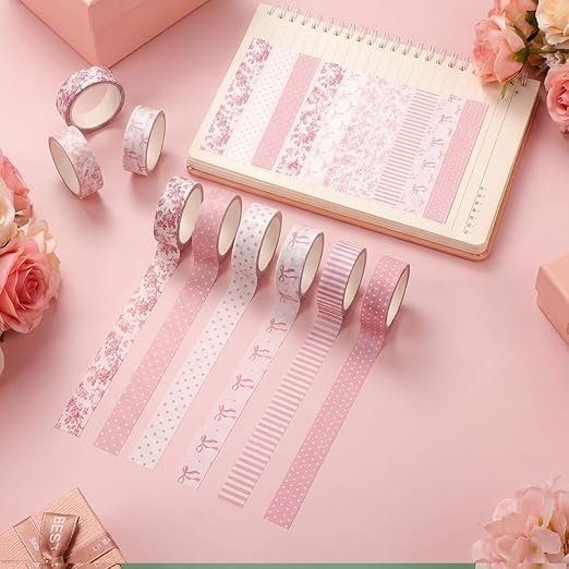 12 Rolls Watercolor Floral Washi Tape Set 15 mm Vintage Flower Decorative Masking Tape for Spring Arts DIY Craft Scrapbook Journal Supplies Gift Wrapping(Pink,Bows)