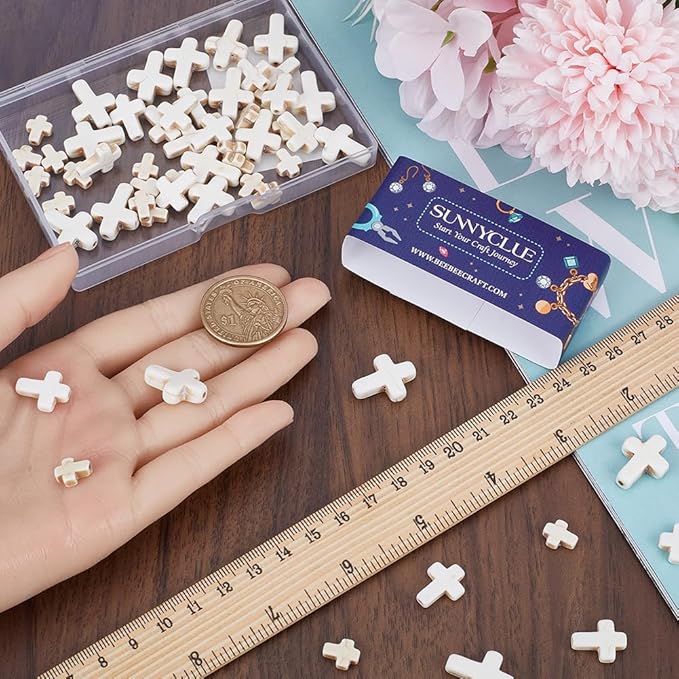 SUNNYCLUE 1 Box 90Pcs White Cross Beads Mini Small Synthetic Turquoise Stone Cross Bead Tiny Pocket Crosses Easter Holiday Crucifix Loose Spacer Beads for Jewelry Making Beading Supplies DIY Crafts