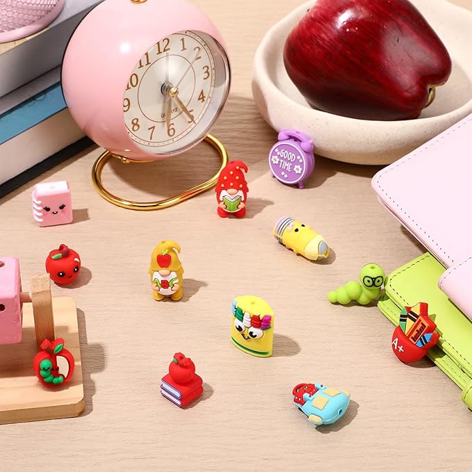 12 Pcs Back to School 3D Silicone Focal Beads for Pens Teacher Character Beads Bulk Funny Apple Pens Pencil for Keychain DIY Crafts Necklace Bracelet Lanyards Making Kit Supplies