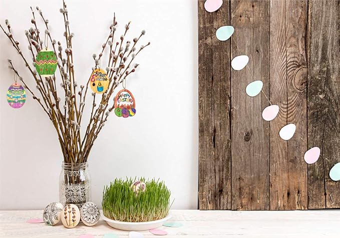 Anditoy 30 PCS Easter Wooden Hanging Ornaments Unfinished Wood Slices Eggs Easter Crafts for Kids DIY Decorations Party Supplies