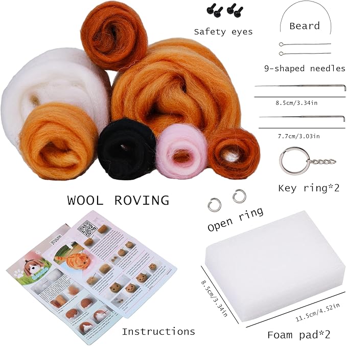SHWAKK Needle Felting Kit, 2 PCS Dolls Needle Felting Starter Kit with Instructions, Felting Pad, Felting Wool, Felting Needles, Keychain and Split Ring etc