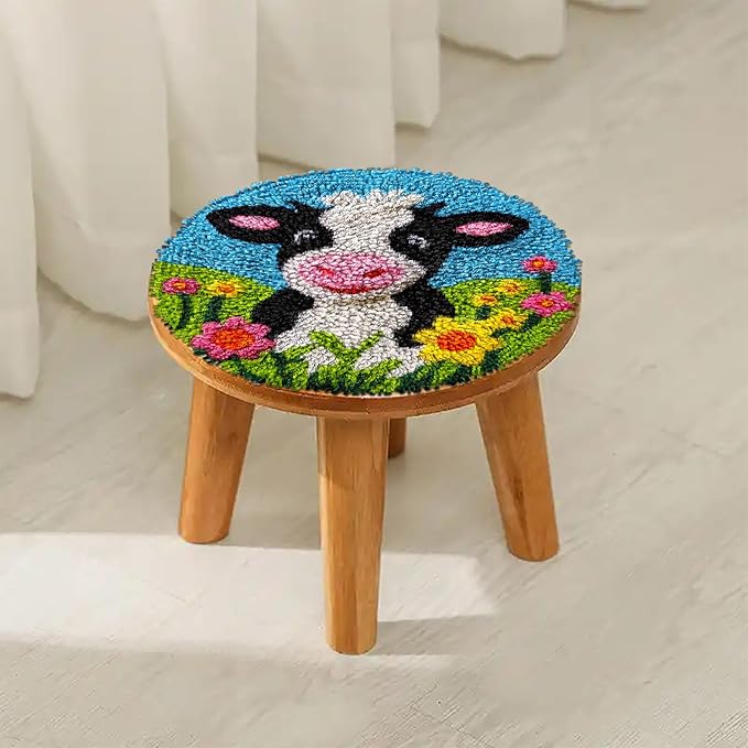 DIY Latch Hook Rug Kits Dairy Cow in Flower Easy for Beginners Children Round Carpet Crochet Yarn Craft Mini Rug Hook and Latch Tapestry for Home Decor 30x30cm-2