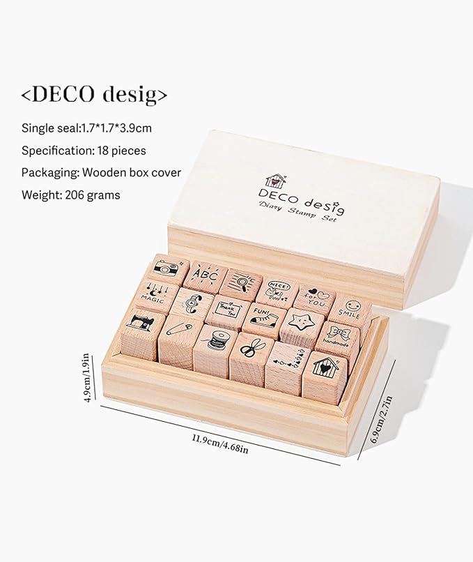 18pcs Routine Deco Theme Wooden Rubber Stamps Kit, Cute Small Stamps for Decorative Diary Planner DIY Craft Scrapbook Card Making Letters Journal