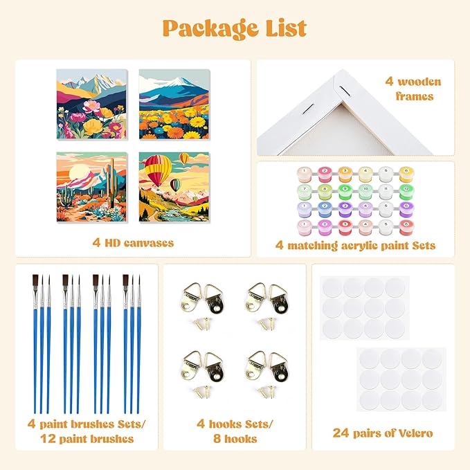MXJSUA 4 Pack Sunset Mountains Landscape Framed Paint by Numbers Kit with Canvas for Adults Beginner, DIY Acrylic Oil Painting Kits with Brushes for Home Wall Decor Gift (8x8 inch)