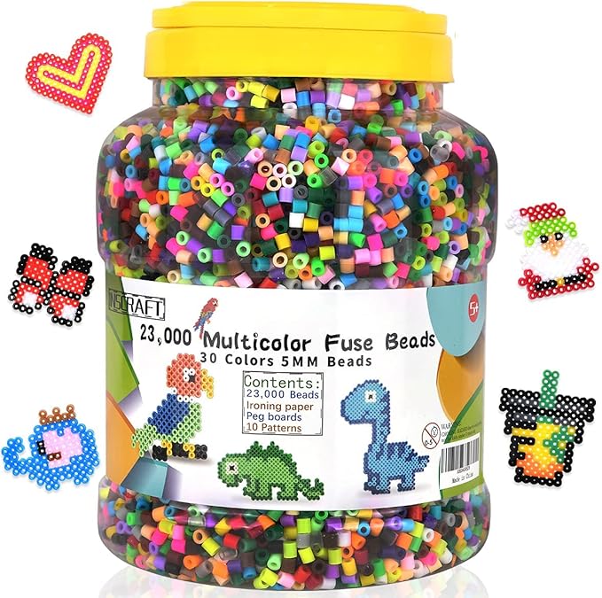 23,000 pcs fuse beads kit for kids crafts, 30 colors iron beads set with 3 pegboards, 5 ironing paper, 10 patterns, gifts for birthday christmas, multicolor 5mm melty beads bulk refill kit by inscraft