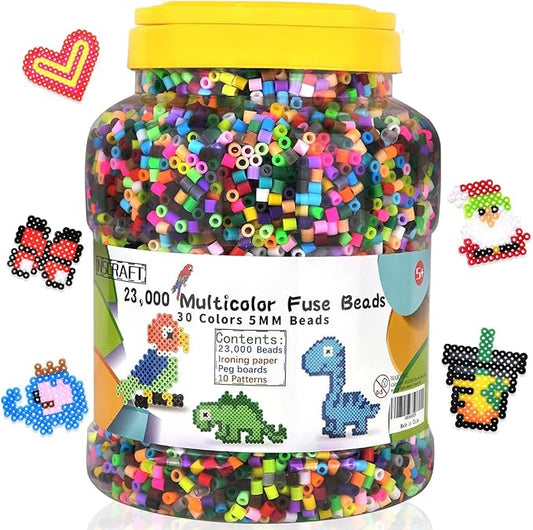 23,000 pcs fuse beads kit for kids crafts, 30 colors iron beads set with 3 pegboards, 5 ironing paper, 10 patterns, gifts for birthday christmas, multicolor 5mm melty beads bulk refill kit by inscraft
