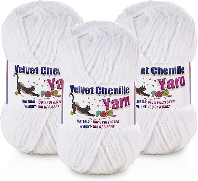 3 * 100g/3.5oz Fluffy Chenille Yarn for Crocheting, Chunky Velvet Yarn for Crochet Amigurumi, Used for Making Baby Yarns Blanket, Clothes, Pattern Knitting Creations (White)