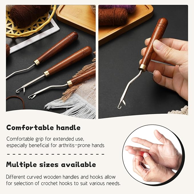 Giwrmu Latch Hook Tool, 3 Pcs Wooden Bent Latch Hooks, Crochet Hooks for Hair, Latch Hook Crochet Needle for Micro Braids, Hair Extension and Carpet Craft
