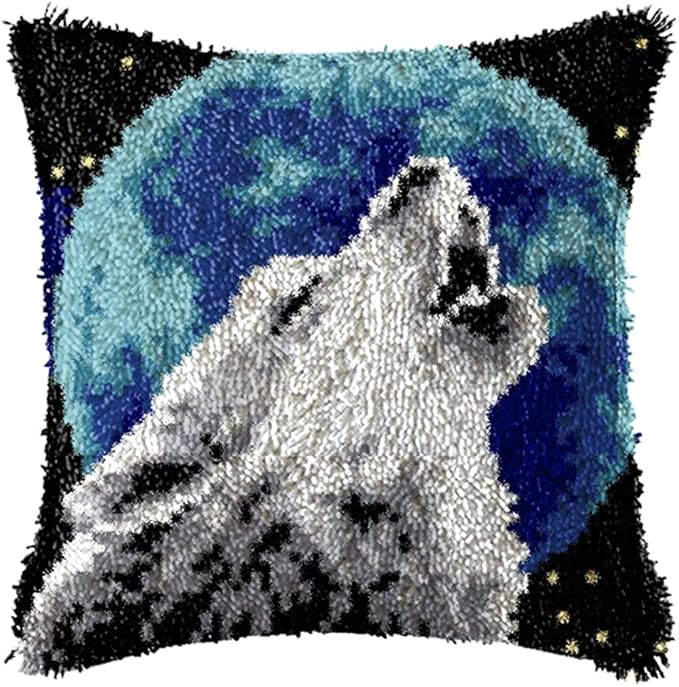 DL-YTG Latch Hook Kits Pillow Wolf Crochet Yarn Cushion Colour Printed Canvas Rug Needlework DIY Pillowcase Hook and Latch Kit Arts Crafts Christmas Home Sofa Decoration 42x42cm/16X16in
