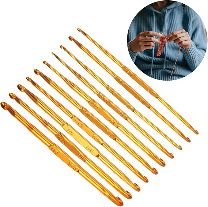 uxcell Double End Crochet Hooks 2/0 to 10/0 Aluminum Golden Tone Knitting Needles Crocheting Stitch for DIY Weave Craft Yarn 10Pcs