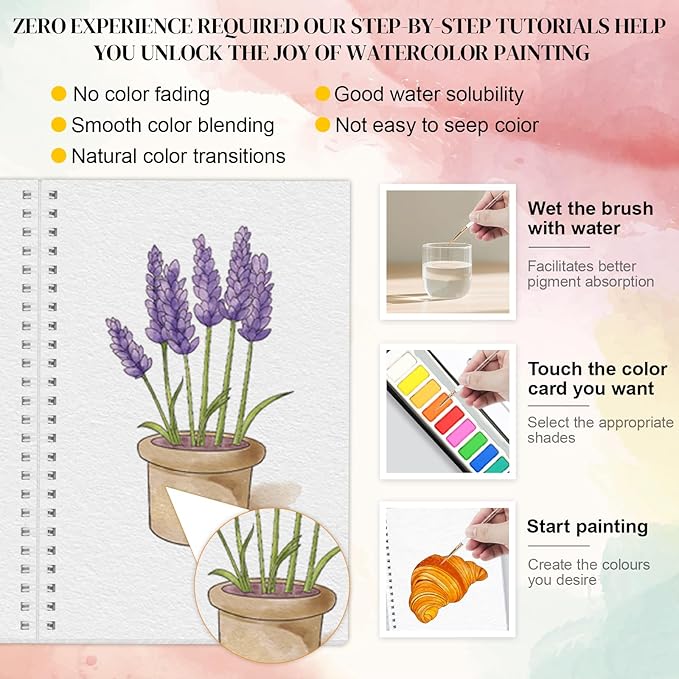 APOLYONE 2-Pack Beginner Watercolor Workbooks: 24 Coloring Pages + 12 Watercolor Paints + Brush – 300gsm/140lb Paper – Gift for Women, Adults & Beginners (Bouquet & Seaside)