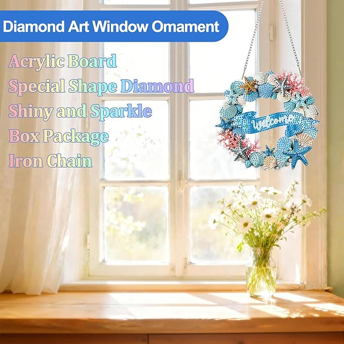 CEOVR Beach Hanging Diamond Art for Adults, Summer Seashell Diamond Painting Pendant DIY Welcome Sign Gem Art Wall Ornament, Acrylic Home Garden Decor with Chain, Box Kit 7.87×7.67inch