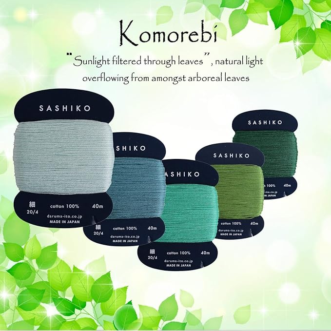 DARUMA Sashiko Thread 100% Cotton Card Type (43.7 yd) x 5 Colors with English Manual, Sewing & Embroidery Value Set with Gift Package(Thin, Komorebi)