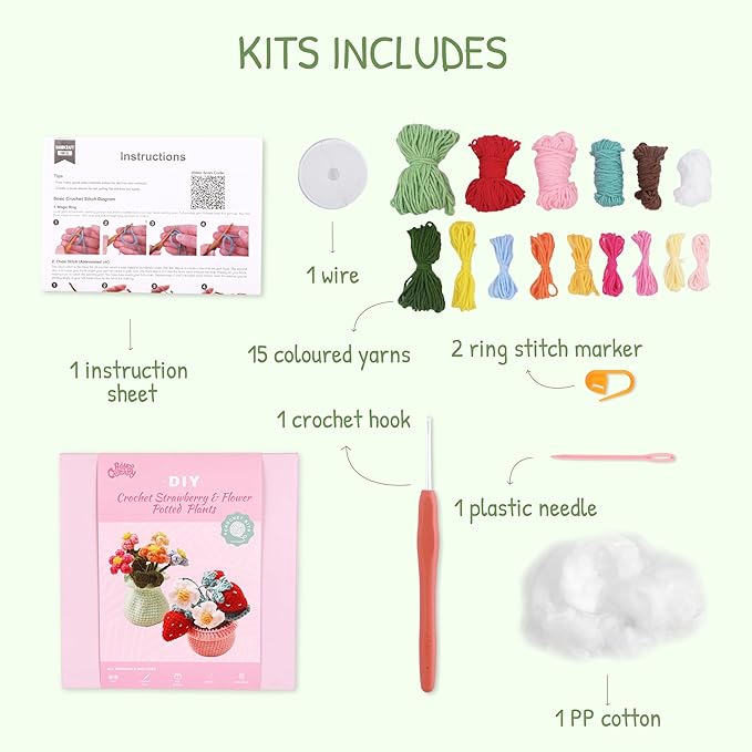 HOUSE CREATIVITY Crochet Plant Kit for Beginners – Make a Cute Strawberry Potted Plant, Amigurumi Crochet Starter Kit with Video Tutorial, Yarn, Hook & Pot, DIY Desk Decor Craft for Adults