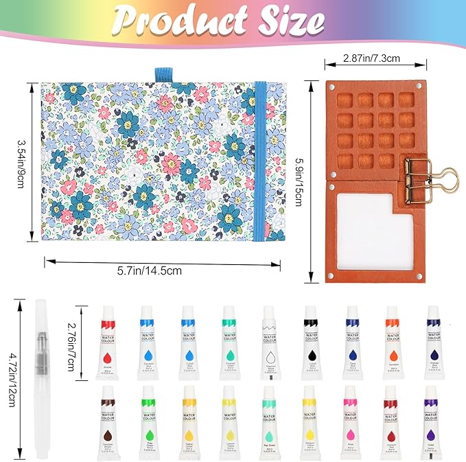 Travel Watercolor Set，Mini Paint Palette Travel kit，Mini Water Color Paint Set，Wooden 15 Grid Paint Box,24 Colors Small Watercolor Sketchbook for Artists Painters Students(Blue)