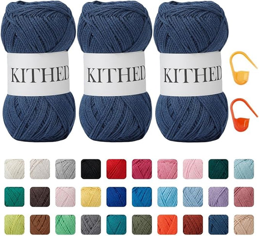 Cotton Chainette Yarn,4 Medium (Worsted)-10oz,3 Pack,Knitting Yarn for Beginners,Thicker for Crocheting and Knitting (45 Denim Blue)