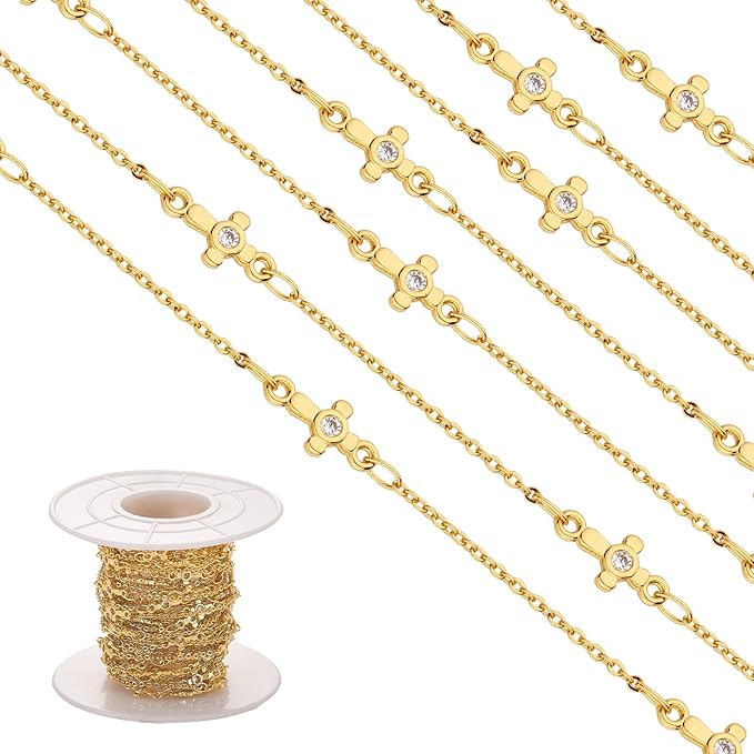 3.28 Feet 1M Clear Cubic Zirconia Cross Link Chains Unwelded Brass Cable Chains Gold Plated Link Chain Bulk for Jewelry Necklace Making