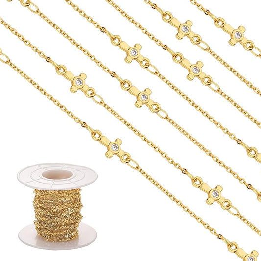 3.28 Feet 1M Clear Cubic Zirconia Cross Link Chains Unwelded Brass Cable Chains Gold Plated Link Chain Bulk for Jewelry Necklace Making