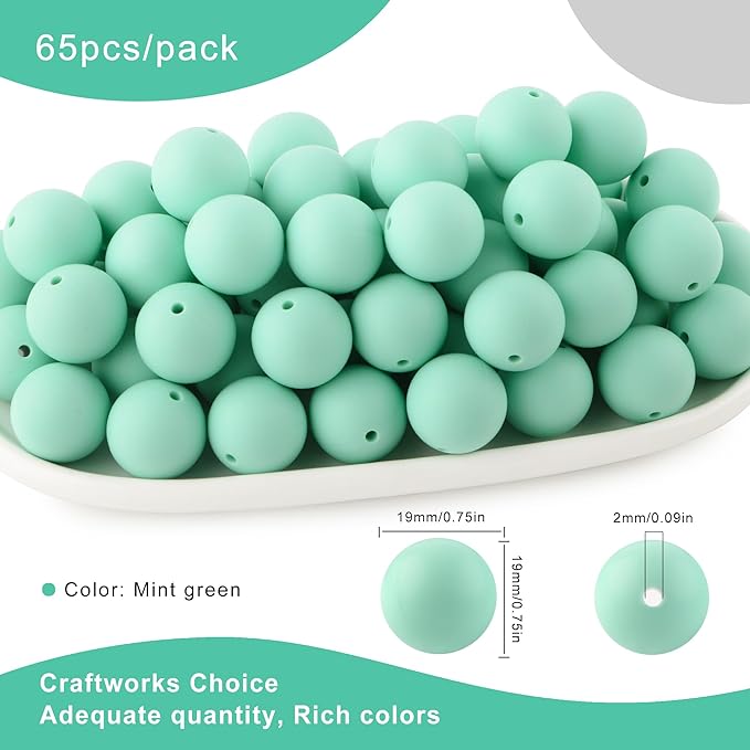 65Pcs 19mm Silicone Beads for Keychain Making Bracelet Necklace, Bulk Round Silicone Beads for Pens（Mint Green）