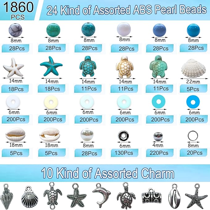 1860Pcs Ocean Beads for Bracelets Making Kit, Blue and White Summer Beach Bead for Jewelry Making, Sea Turtle Shell Starfish Shape Beads 8mm Round Cly Bead for DIY Craft Bracelets Earring (Blue)
