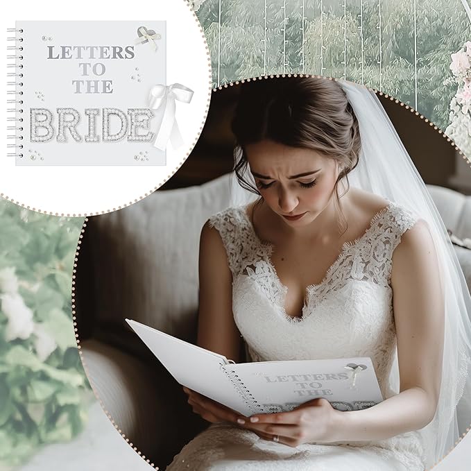Fuyoooo 8 x 8 Inch Letters to The Bride Scrapbook Wedding Memory Book Bridal DIY Blank Paper Scrapbook Photo Album Guest Book Sign with Pearl Stickers, Metallic Letters, Bows(Warm White)
