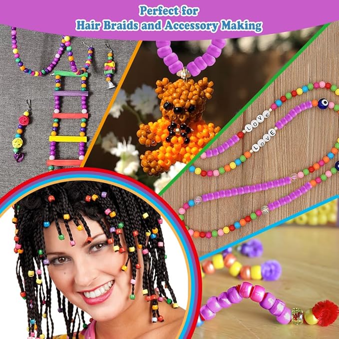 QPIXVB Pony Beads, 1100pcs, Plastic, Small, Barrel Shaped, Purple, for Jewelry Making, Hair Braids, Crafts