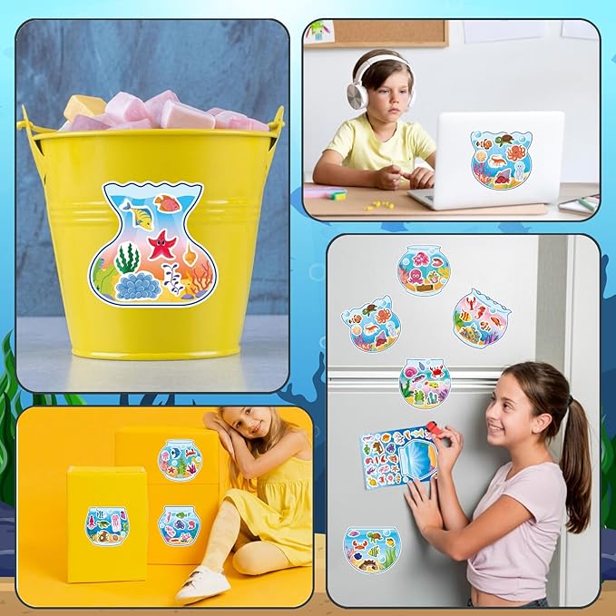 24 pcs ocean animal stickers, make a face sticker sheets for kids, make your own sea animal fish tank scene for kids summer party favors activities
