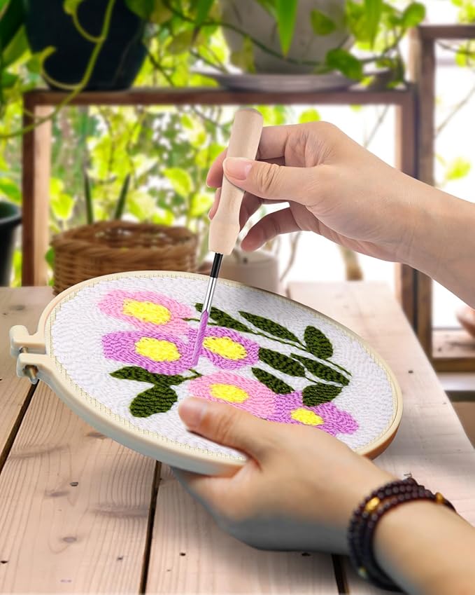 TINDTOP Punch Needle Kits, Flowers Punch Embroidery Kits for Adults Beginner, Tool with Punch Needle Fabric, Hoops, Yarns and Sewing Needles