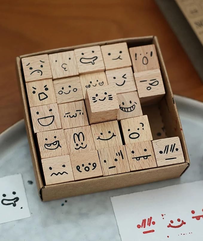 25pcs Mood Expression Wooden Rubber Stamps Kit, Cute Small Emoticon Theme Stamps for Decorative Diary Planner DIY Craft Scrapbook Card Making Letters Journal
